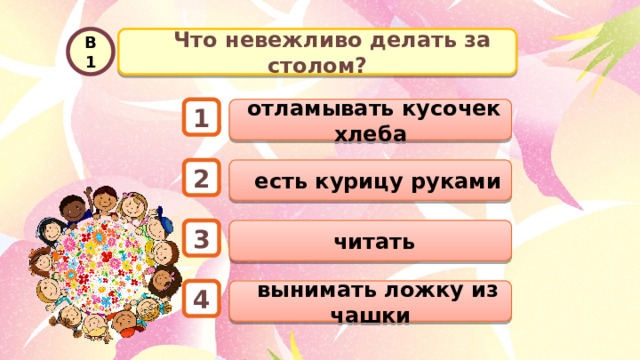   Что невежливо делать за столом? В1  отламывать кусочек хлеба 1  есть курицу руками 2  читать 3  вынимать ложку из чашки 4 