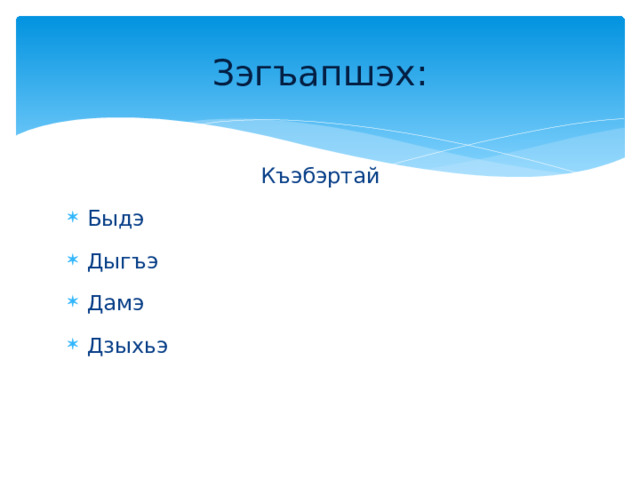 Зэгъапшэх: Къэбэртай Быдэ Дыгъэ Дамэ Дзыхьэ 