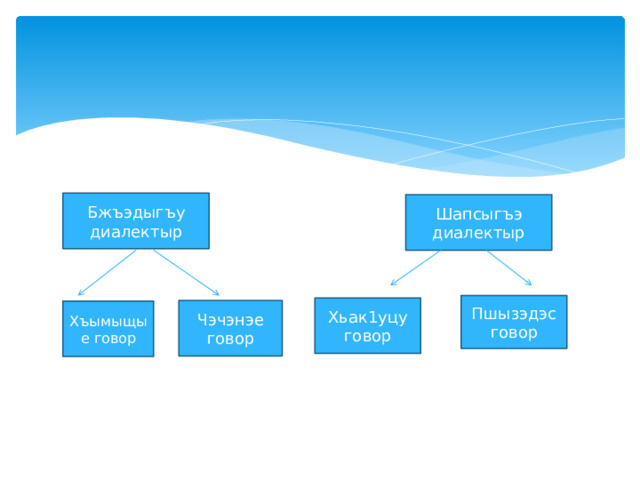 Бжъэдыгъу диалектыр Шапсыгъэ диалектыр Пшызэдэс говор Хьак1уцу говор Чэчэнэе говор Хъымыщые говор 