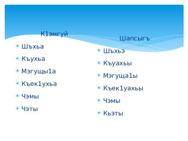   К1эмгуй Шъхьа Къухьа Мэгущы1а Къек1ухьа Чэмы Чэты Шапсыгъ Шъхьэ Къуахьы Мэгуща1ы Къек1уахьы Чэмы Кьэты 