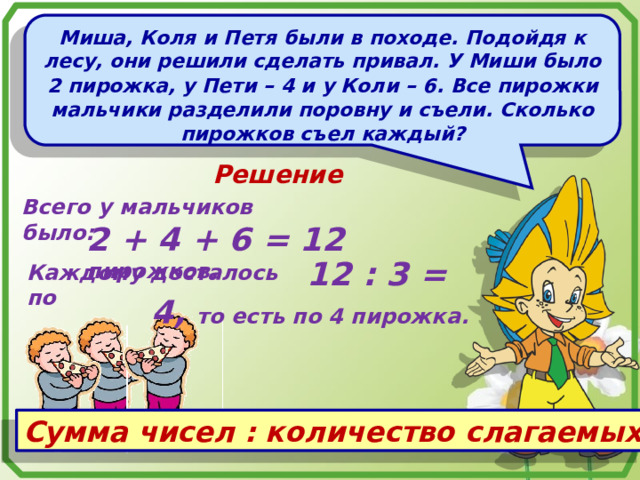 Миша, Коля и Петя были в походе. Подойдя к лесу, они решили сделать привал. У Миши было 2 пирожка, у Пети – 4 и у Коли – 6. Все пирожки мальчики разделили поровну и съели. Сколько пирожков съел каждый? Решение Всего у мальчиков было: 2 + 4 + 6 = 12 пирожков.  12 : 3 = 4, то есть по 4 пирожка. Каждому досталось по Сумма чисел : количество слагаемых 