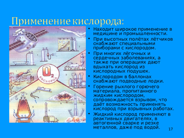 Находит широкое применение в медицине и промышленности. При высотных полётах лётчиков снабжают специальными приборами с кислородом. При многих лёгочных и сердечных заболеваниях, а также при операциях дают вдыхать кислород из кислородных подушек. Кислородом в баллонах снабжают подводные лодки. Горение рыхлого горючего материала, пропитанного жидким кислородом, сопровождается взрывом, что даёт возможность применять кислород при взрывных работах. Жидкий кислород применяют в реактивных двигателях, в автогенной сварке и резке металлов, даже под водой.     