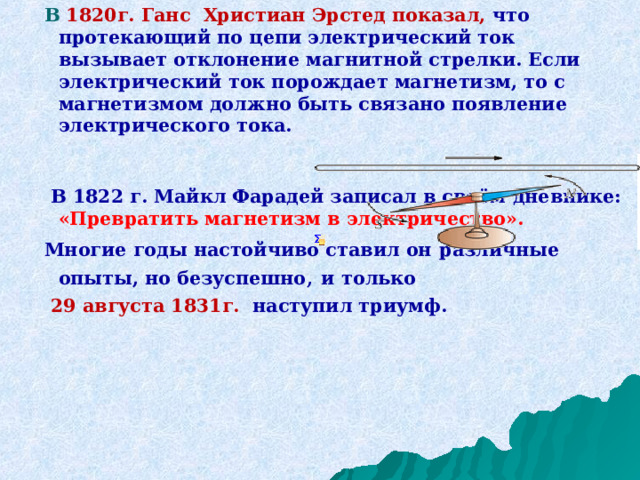 В   1820г. Ганс  Христиан Эрстед показал,  что протекающий по цепи электрический ток вызывает отклонение магнитной стрелки. Если электрический ток порождает магнетизм, то с магнетизмом должно быть связано появление электрического тока.    В 1822 г. Майкл Фарадей записал в своём  дневнике:  «Превратить магнетизм в электричество». Многие годы настойчиво ставил он  различные опыты, но безуспешно ,  и только   29 августа 1831г.   наступил триумф. 