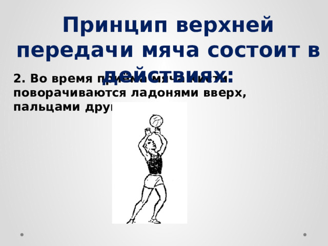 Принцип верхней передачи мяча состоит в действиях: 2. Во время приёма мяча кисти поворачиваются ладонями вверх, пальцами друг к другу 