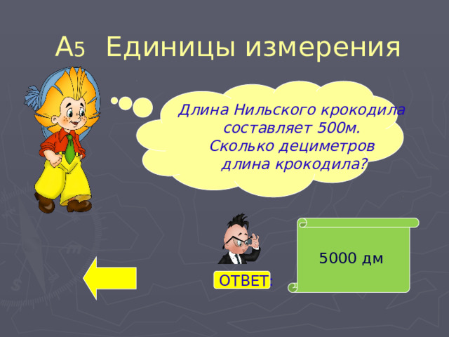 А 5 Единицы измерения Длина Нильского крокодила составляет 500м. Сколько дециметров длина крокодила? 5000 дм ОТВЕТ: 