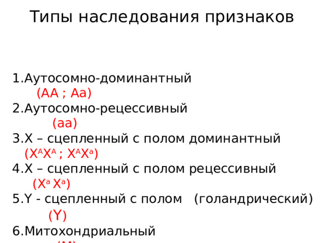 Типы наследования признаков Аутосомно-доминантный (АА ; Аа) Аутосомно-рецессивный (аа) Х – сцепленный с полом доминантный (Х А Х А ; Х А Х а ) Х – сцепленный с полом рецессивный (Х а Х а ) Y - сцепленный с полом (голандрический) ( Y ) Митохондриальный (М) 