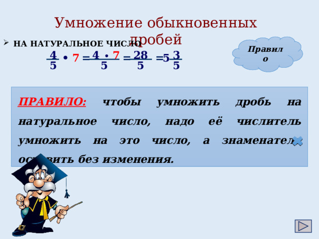Умножение обыкновенных дробей Правило  НА НАТУРАЛЬНОЕ ЧИСЛО 4 3 4 28 7 5 = = • = 7 •  5 5 5 5 ПРАВИЛО:  чтобы умножить дробь на натуральное число, надо её числитель умножить на это число, а знаменатель оставить без изменения. 4 