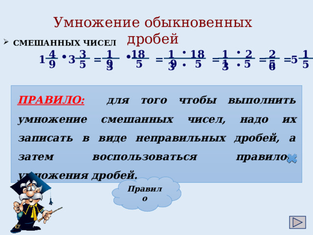 Умножение обыкновенных дробей  СМЕШАННЫХ ЧИСЕЛ 13 2 13 • 26 1 18 18 4 • 13 3   • • = = = = 3 = 5 1 5 9 9 5 1 5 5 5 5 9 • •   ПРАВИЛО:  для того чтобы выполнить умножение смешанных чисел, надо их записать в виде неправильных дробей, а затем воспользоваться правилом умножения дробей. Правило 6 