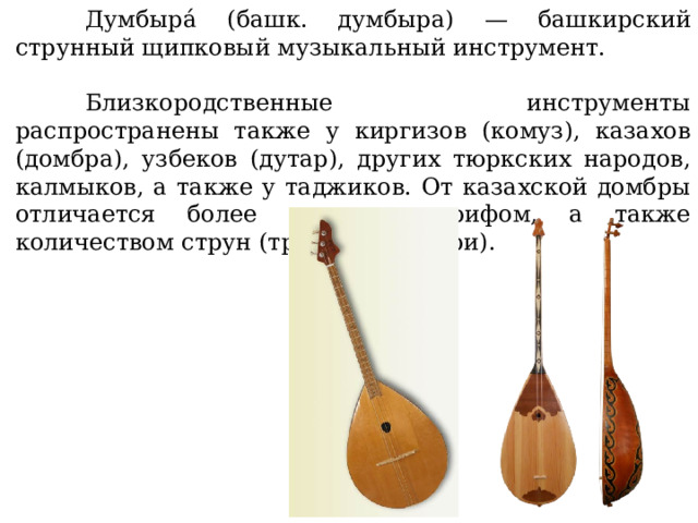  Думбыра́ (башк. думбыра) — башкирский струнный щипковый музыкальный инструмент.  Близкородственные инструменты распространены также у киргизов (комуз), казахов (домбра), узбеков (дутар), других тюркских народов, калмыков, а также у таджиков. От казахской домбры отличается более коротким грифом, а также количеством струн (традиционно три). 