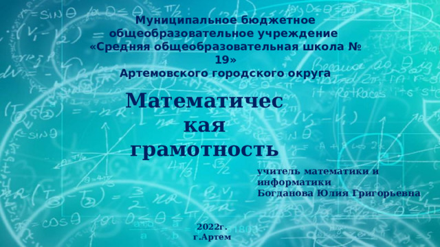 Муниципальное бюджетное общеобразовательное учреждение «Средняя общеобразовательная школа № 19» Артемовского городского округа Математическая грамотность учитель математики и информатики Богданова Юлия Григорьевна 2022г. г.Артем 