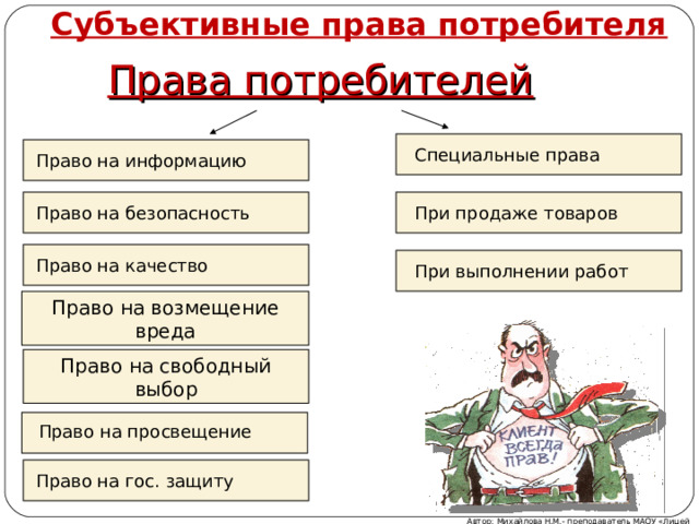 Субъективные права потребителя Права потребителей Специальные права Право на информацию При продаже товаров Право на безопасность Право на качество При выполнении работ Право на возмещение вреда Право на свободный выбор Право на просвещение Право на гос. защиту Автор: Михайлова Н.М.- преподаватель МАОУ «Лицей № 21» 