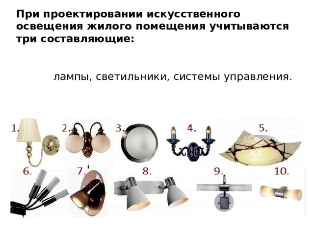 При проектировании искусственного освещения жилого помещения учитываются три составляющие:  лампы, светильники, системы управления. 