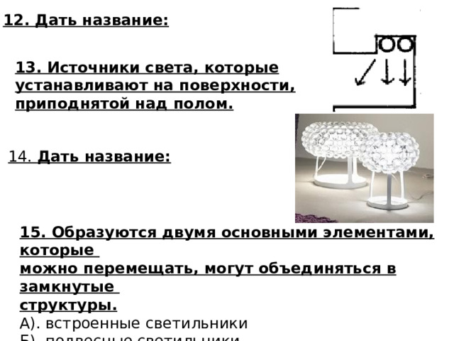 12. Дать название: 13. Источники света, которые устанавливают на поверхности, приподнятой над полом.  14. Дать название:  15. Образуются двумя основными элементами, которые можно перемещать, могут объединяться в замкнутые структуры. А). встроенные светильники Б). подвесные светильники В). рельсовые светильники 