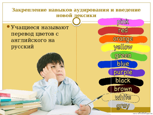 Закрепление навыков аудирования и введение новой лексики Учащиеся называют перевод цветов с английского на русский 