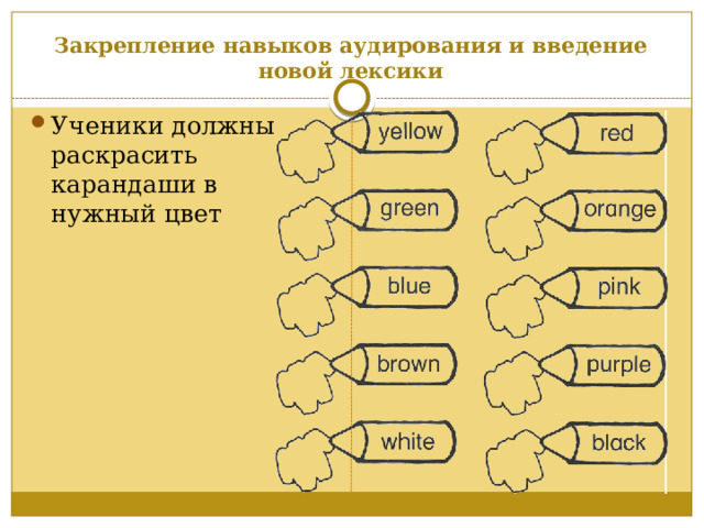 Закрепление навыков аудирования и введение новой лексики Ученики должны раскрасить карандаши в нужный цвет 