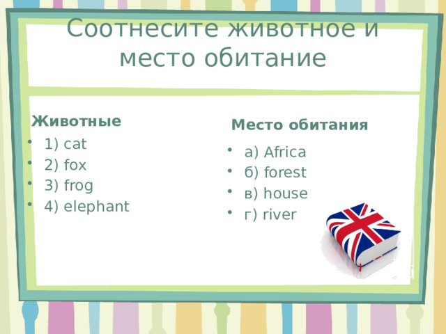 Соотнесите животное и место обитание Животные Место обитания 1) cat 2) fox 3) frog 4) elephant а) Africa б) forest в) house г) river 