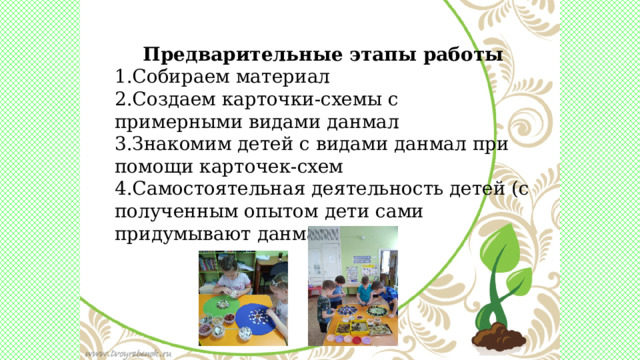 Предварительные этапы работы 1.Собираем материал 2.Создаем карточки-схемы с примерными видами данмал 3.Знакомим детей с видами данмал при помощи карточек-схем 4.Самостоятельная деятельность детей (с полученным опытом дети сами придумывают данмалы_    