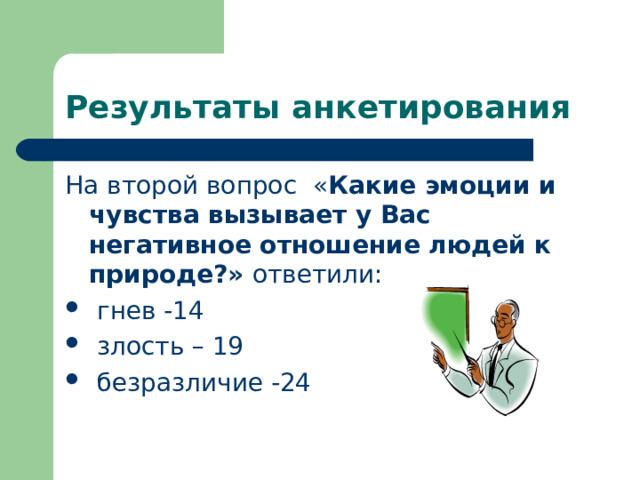 Результаты анкетирования На второй вопрос « Какие эмоции и чувства вызывает у Вас негативное отношение людей к природе?» ответили:  гнев -14  злость – 19  безразличие -24  