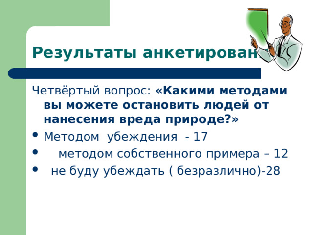 Результаты анкетирования Четвёртый вопрос: «Какими методами вы можете остановить людей от нанесения вреда природе?» Методом убеждения - 17  методом собственного примера – 12  не буду убеждать ( безразлично)-28  