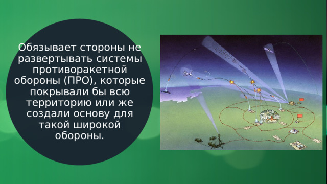 Обязывает стороны не развертывать системы противоракетной обороны (ПРО), которые покрывали бы всю территорию или же создали основу для такой широкой обороны. 