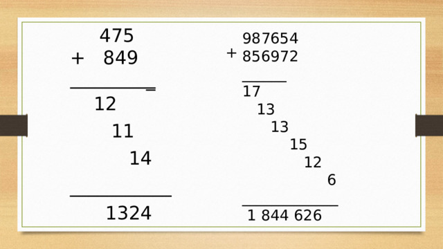    475 + 849  _  12  11  14 ___________  1324 987654 856972 ______ 17  13  13  15  12  6 _____________  1 844 626 +   
