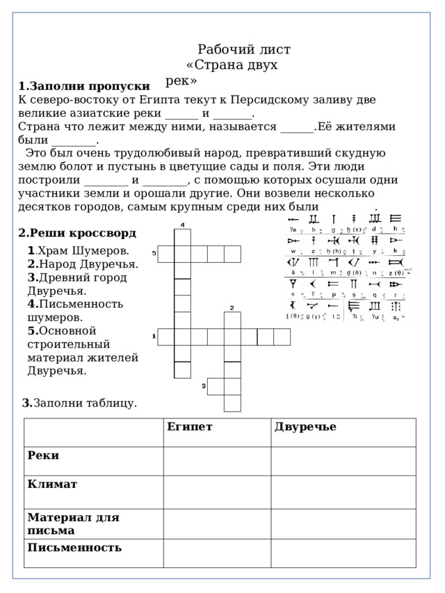  Рабочий лист  «Страна двух рек» 1.Заполни пропуски К северо-востоку от Египта текут к Персидскому заливу две великие азиатские реки ______ и _______. Страна что лежит между ними, называется ______.Её жителями были ________.  Это был очень трудолюбивый народ, превративший скудную землю болот и пустынь в цветущие сады и поля. Эти люди построили ________ и ________, с помощью которых осушали одни участники земли и орошали другие. Они возвели несколько десятков городов, самым крупным среди них были__________. 2.Реши кроссворд 1 . Храм Шумеров. 2. Народ Двуречья. 3. Древний город Двуречья. 4. Письменность шумеров. 5. Основной строительный материал жителей Двуречья. 3. Заполни таблицу. Египет Реки Двуречье Климат Материал для письма Письменность 