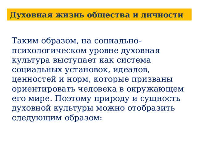 Духовная  жизнь общества и личности Таким образом, на социально-психологическом уровне духовная культура выступает как система социальных установок, идеалов, ценностей и норм, которые призваны ориентировать человека в окружающем его мире. Поэтому природу и сущность духовной культуры можно отобразить следующим образом: 
