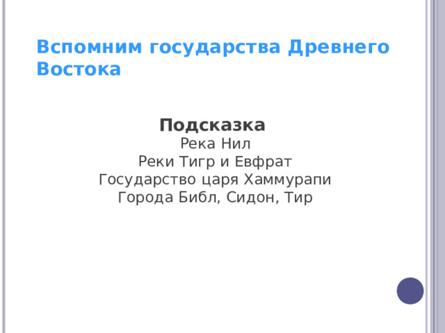 Вспомним государства Древнего Востока Подсказка Река Нил Реки Тигр и Евфрат Государство царя Хаммурапи Города Библ, Сидон, Тир 