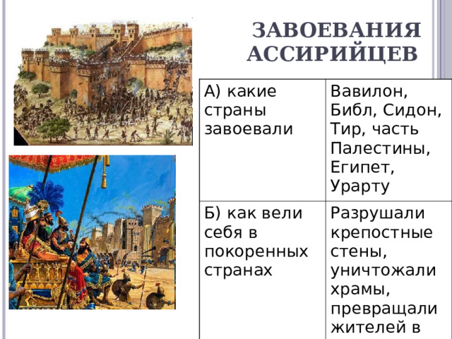 ЗАВОЕВАНИЯ АССИРИЙЦЕВ  А) какие страны завоевали Вавилон, Библ, Сидон, Тир, часть Палестины, Египет, Урарту Б) как вели себя в покоренных странах Разрушали крепостные стены, уничтожали храмы, превращали жителей в рабов 