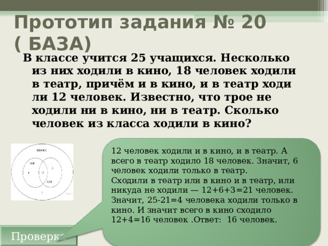 Прототип задания № 20 ( БАЗА) В классе учит­ся 25 учащихся. Несколько из них ходили в кино, 18 человек ходили в театр, причём и в кино, и в театр хо­ди­ли 12 человек. Известно, что трое не ходили ни в кино, ни в театр. Сколько человек из класса ходили в кино? 12 человек ходили и в кино, и в театр. А всего в театр хо­ди­ло 18 человек. Значит, 6 человек ходили только в театр. Сходили в театр или в кино и в театр, или никуда не ходили — 12+6+3=21 человек. Значит, 25-21=4 человека ходили только в кино. И значит всего в кино сходило 12+4=16 человек .Ответ: 16 человек.   Проверка 