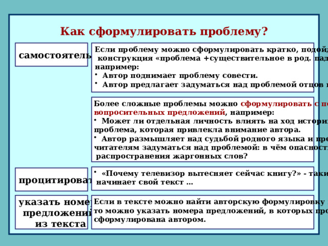 Как сформулировать проблему? самостоятельно Если проблему можно сформулировать кратко, подойдёт  конструкция «проблема +существительное в род. падеже», например: Автор поднимает проблему совести. Автор предлагает задуматься над проблемой отцов и детей. Более сложные проблемы можно сформулировать с помощью вопросительных предложений , например: Может ли отдельная личность влиять на ход истории? Такова проблема, которая привлекла внимание автора. Автор размышляет над судьбой родного языка и предлагает читателям задуматься над проблемой: в чём опасность  распространения жаргонных слов? «Почему телевизор вытесняет сейчас книгу?» - таким вопросом  начинает свой текст … процитировать указать номера Если в тексте можно найти авторскую формулировку проблемы, предложений то можно указать номера предложений, в которых проблема из текста сформулирована автором.  