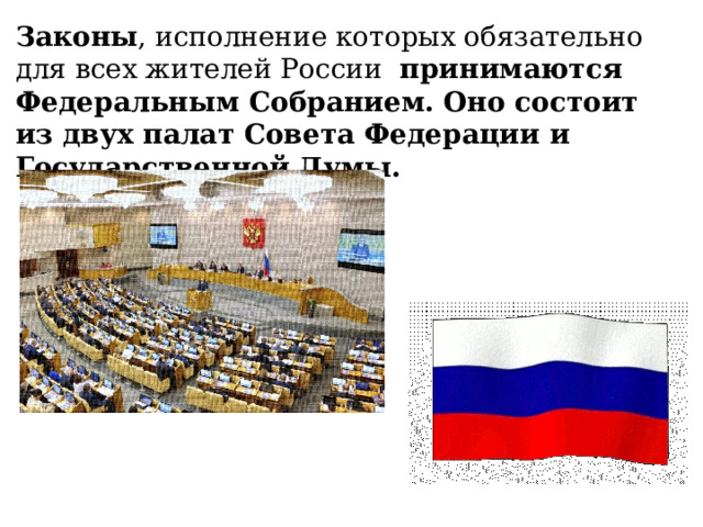 Законы , исполнение которых обязательно для всех жителей России принимаются  Федеральным Собранием.  Оно состоит из двух палат Совета Федерации и Государственной Думы.  