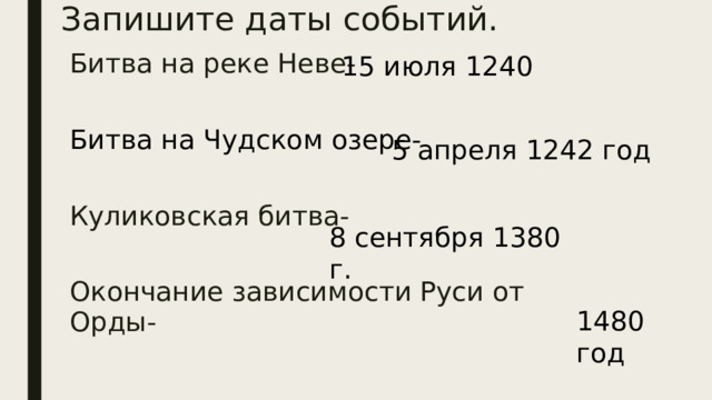 Запишите даты событий. 15 июля 1240 Битва на реке Неве- Битва на Чудском озере- Куликовская битва- Окончание зависимости Руси от Орды- 5 апреля 1242 год 8 сентября 1380 г. 1480 год  