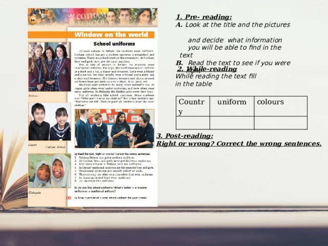 1. Pre- reading: A. Look at the title and the pictures  and decide  what information  you will be able to find in the text B. Read the text to see if you were  right  2. While-reading While reading the text fill in the table Country uniform colours 3. Post-reading: Right or wrong? Correct the wrong sentences. 