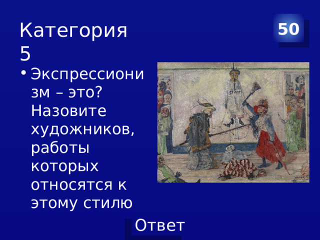 Категория 5 50 Экспрессионизм – это? Назовите художников, работы которых относятся к этому стилю 