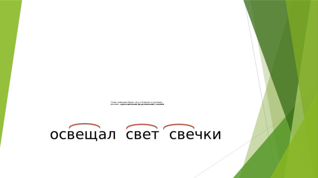    Слова, имеющие общую часть и близкие по значению,  называют однокоренными (родственными) словами освещал свет свечки 