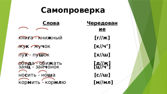 Самопроверка  Слова  кни г а - кни ж ный Чередование [г//ж] жу к - жу ч ок [к//ч’] пу х - пу ш ок [х//ш] оби д а - оби ж ать [д//ж] зая ц - зай ч онок [ц//ч’] но с ить - но ш а [с//ш] кор м ить - кор мл ю [м//мл] 