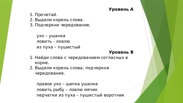 Уровень А Прочитай. Выдели корень слова. Подчеркни чередование. Уровень В   Найди слова с чередованием согласных в корне. Выдели корень слова, подчеркни чередование. ухо – ушанка   ловить - ловлю правое ухо – шапка ушанка ловить рыбу – ловлю мячик из пуха – пушистый перчатки из пуха – пушистый воротник  