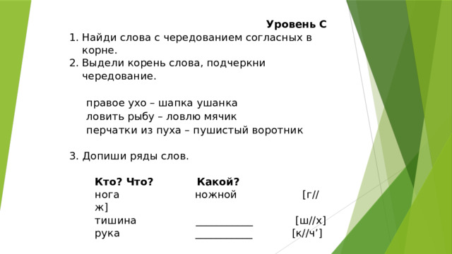 Уровень С Найди слова с чередованием согласных в корне. Выдели корень слова, подчеркни чередование.   правое ухо – шапка ушанка ловить рыбу – ловлю мячик перчатки из пуха – пушистый воротник   3. Допиши ряды слов.   Кто? Что? Какой? нога ножной [г//ж] тишина ___________ [ш//х] рука ___________ [к//ч’]   
