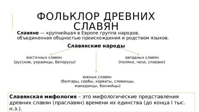 фольклор древних славян Славяне — крупнейшая в Европе группа народов, объединенная общностью происхождения и родством языков. Славянские народы восточных славян западных славян (русские, украинцы, белорусы) (поляки, чехи, словаки) южных славян (болгары, сербы, хорваты, словенцы, македонцы, боснийцы) Славянская мифология – это мифологические представления древних славян (праславян) времени их единства (до конца I тыс. н.э.). 