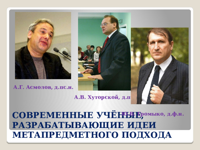 А.Г. Асмолов, д.пс.н. А.В. Хуторской, д.п.н . Ю.В. Громыко, д.ф.н. Современные учёные, разрабатывающие идеи метапредметного подхода 