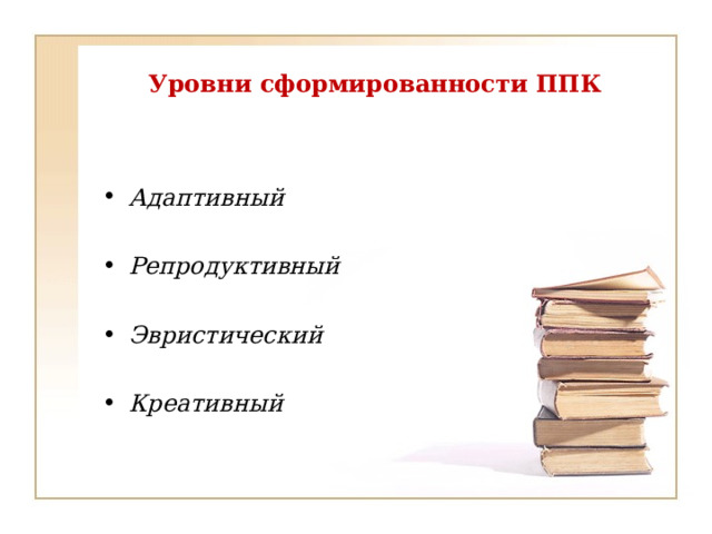 Уровни сформированности ППК Адаптивный  Репродуктивный  Эвристический  Креативный 