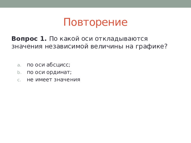 Повторение Вопрос 1. По какой оси откладываются значения независимой величины на графике? по оси абсцисс; по оси ординат; не имеет значения по оси абсцисс; по оси ординат; не имеет значения 