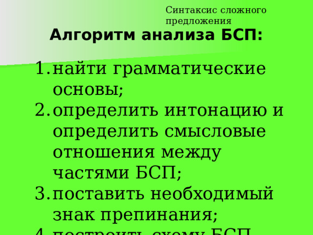 Синтаксис сложного предложения Алгоритм анализа БСП: найти грамматические основы; определить интонацию и определить смысловые отношения между частями БСП; поставить необходимый знак препинания; построить схему БСП. найти грамматические основы; определить интонацию и определить смысловые отношения между частями БСП; поставить необходимый знак препинания; построить схему БСП. 