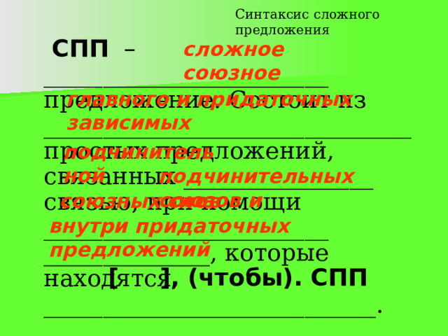 Синтаксис сложного предложения сложное союзное   СПП  – ________________________ предложение. Состоит из _______________________________ простых предложений, связанных ________________ связью, при помощи ________________________ ______________, которые находятся ____________________________. главного и придаточных зависимых  подчинительной  подчинительных союзов и союзных слов  внутри придаточных предложений  [ ], (чтобы). СПП 
