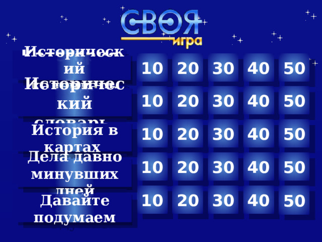 Категория 1 10 30 40 50 20 Исторический календарь  50 40 30 20 10 Исторический словарь  10 30 40 50 20 История в картах 40 30 50 20 10  Дела давно минувших дней 40 50 30 20 10  Давайте подумаем  