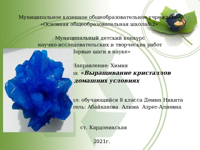 Муниципальное казенное общеобразовательное учреждение «Основная общеобразовательная школа№2»    Муниципальный детский конкурс научно-исследовательских и творческих работ «Первые шаги в науке»    Направление: Химия  Тема: «Выращивание кристаллов в домашних условиях   Выполнил: обучающийся 8 класса Демин Никита  Руководитель: Абайханова Алима Азрет-Алиевна      ст. Кардоникская   2021г.  