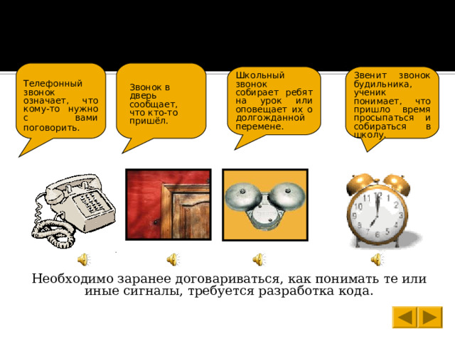  Для того чтобы произошла передача информации, приёмник информации должен не только получить сигнал, но и расшифровать его. Школьный звонок собирает ребят на урок или оповещает их о долгожданной перемене. Звенит звонок будильника, ученик понимает, что пришло время просыпаться и собираться в школу. Телефонный звонок означает, что кому-то нужно с вами поговорить.  Звонок в дверь сообщает, что кто-то пришёл. Необходимо заранее договариваться, как понимать те или иные сигналы, требуется разработка кода. 