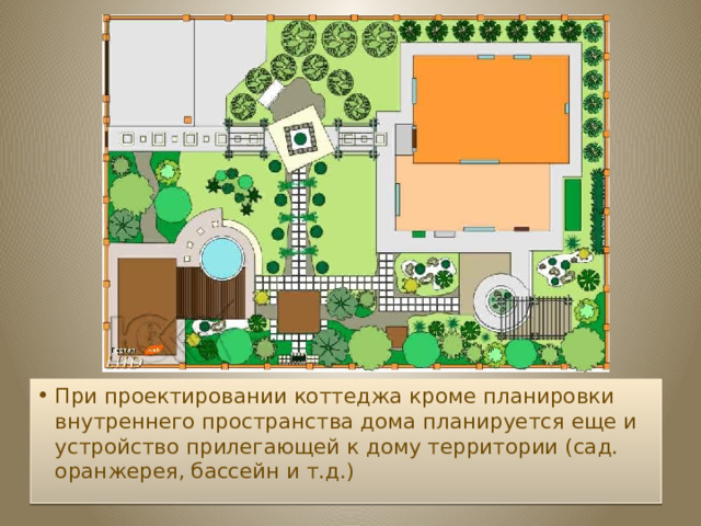 При проектировании коттеджа кроме планировки внутреннего пространства дома планируется еще и устройство прилегающей к дому территории (сад. оранжерея, бассейн и т.д.) 
