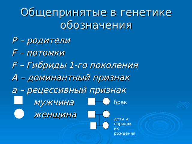 Общепринятые в генетике обозначения P – родители F – потомки F – Гибриды 1-го поколения А – доминантный признак а – рецессивный признак  мужчина  женщина  брак дети и порядок их рождения 2 1 